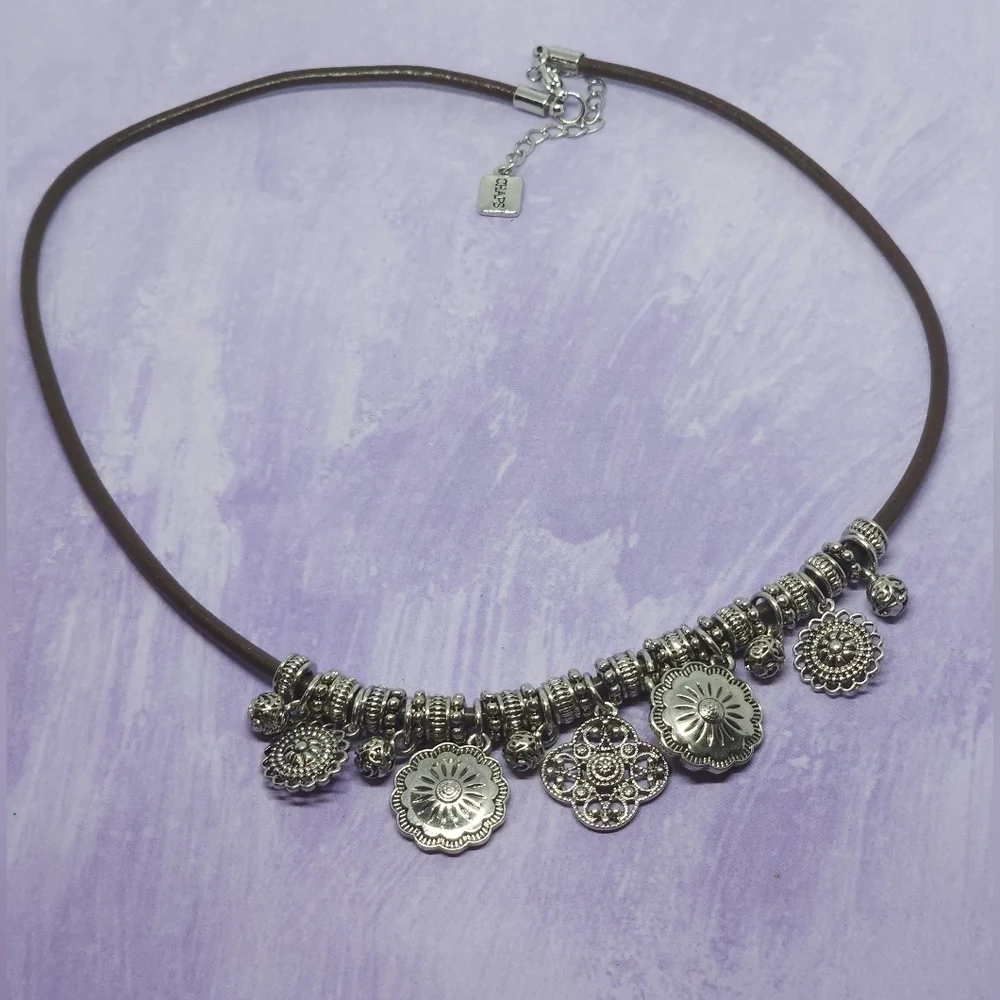 👍5 For $20 Chaps Silver Tone Charm Brown Cord Necklace